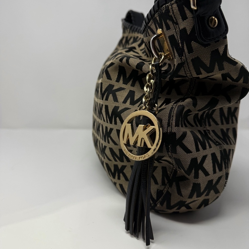 Michael Kors MK Logo Jacquard Hobo Shoulder Bag Black Tan Tassel Charm - Picture 14 of 16